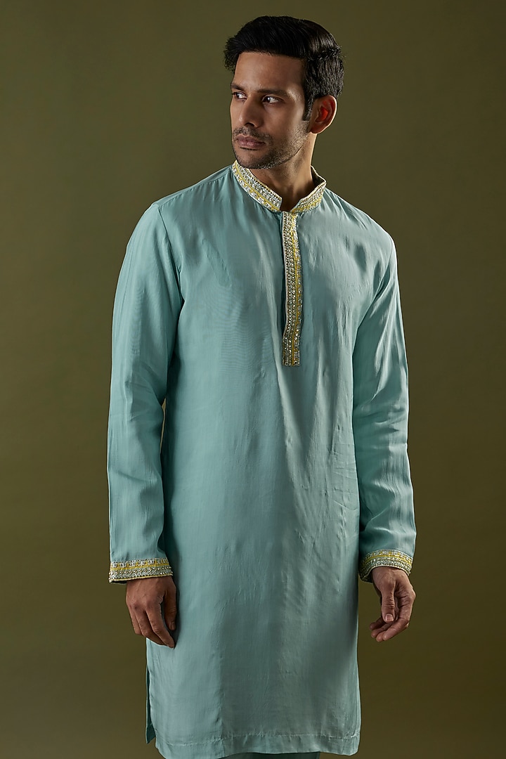 Teal Blue Habutai Silk Embroidered Kurta Set by SVA BY SONAM & PARAS MODI Men at Pernia's Pop Up Shop