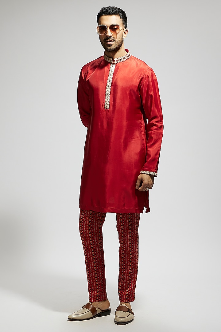 Orange Silk Kurta Set by Sva By Sonam & Paras Modi Men at Pernia's Pop Up Shop