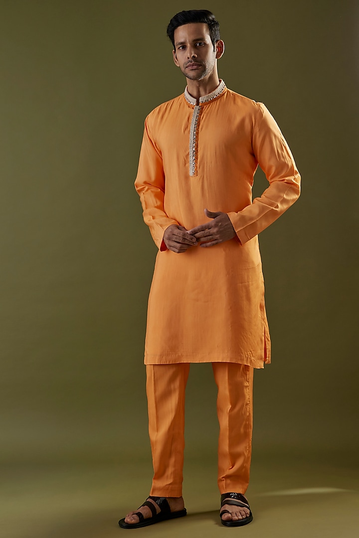 Orange Habutai Silk Embroidered Kurta Set by SVA BY SONAM & PARAS MODI Men at Pernia's Pop Up Shop