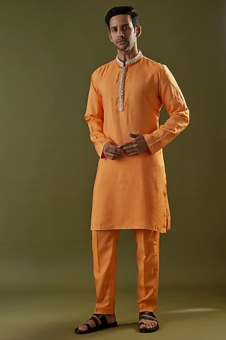 Orange Habutai Silk Embroidered Kurta Set by SVA BY SONAM & PARAS MODI Men
