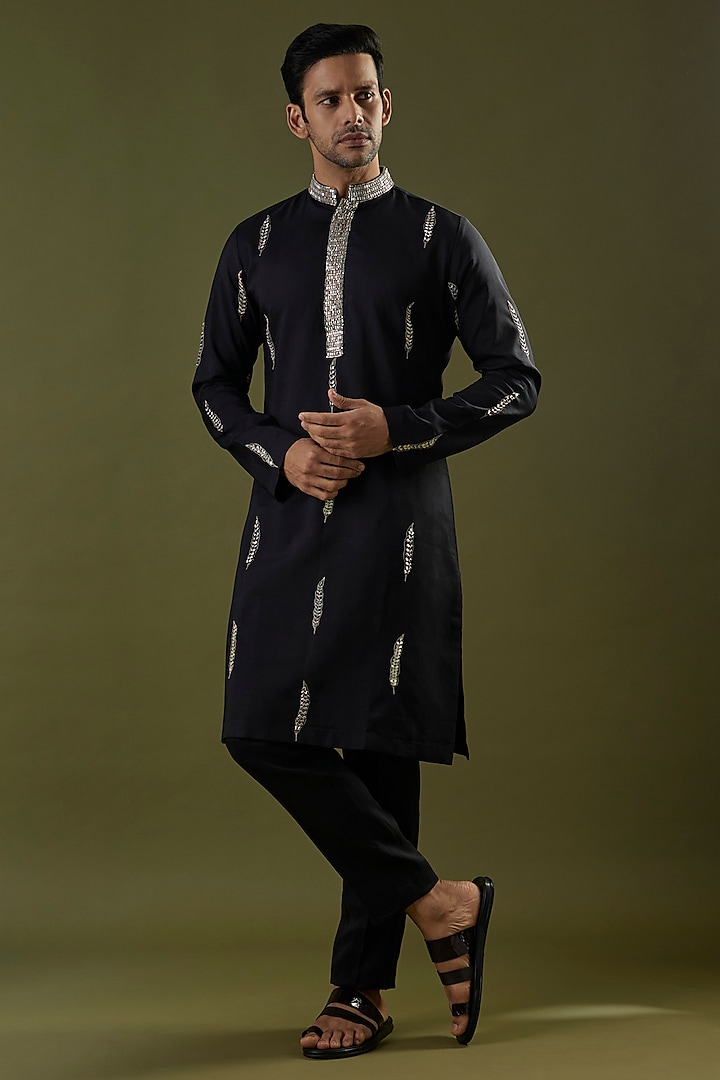 Black Habutai Silk Embroidered Kurta Set by SVA BY SONAM & PARAS MODI Men