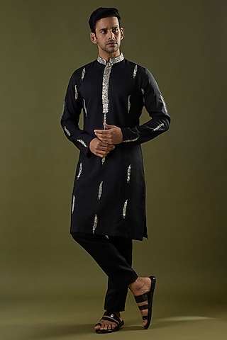 Black Habutai Silk Embroidered Kurta Set by SVA BY SONAM & PARAS MODI Men