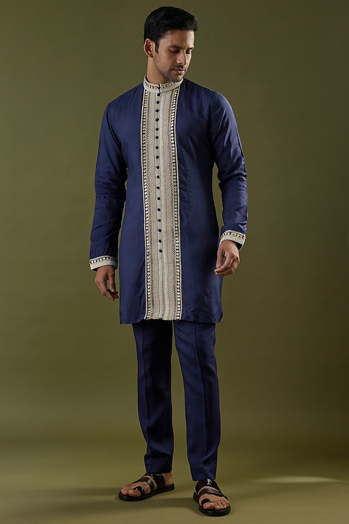 Navy Blue Habutai Silk Embroidered Kurta Set by SVA BY SONAM & PARAS MODI Men