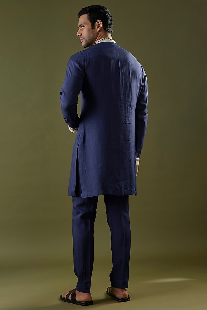 Navy Blue Habutai Silk Embroidered Kurta Set by SVA BY SONAM & PARAS MODI Men at Pernia's Pop Up Shop