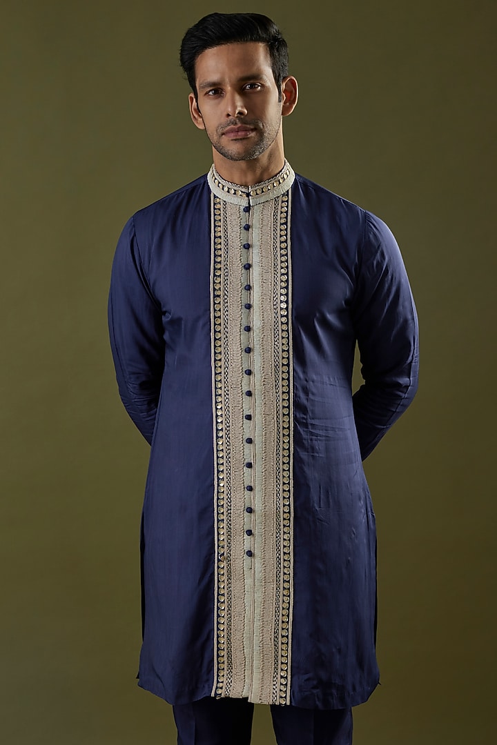 Navy Blue Habutai Silk Embroidered Kurta Set by SVA BY SONAM & PARAS MODI Men at Pernia's Pop Up Shop