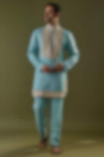 Teal Blue Habutai Silk Embroidered Kurta Set by SVA BY SONAM & PARAS MODI Men at Pernia's Pop Up Shop