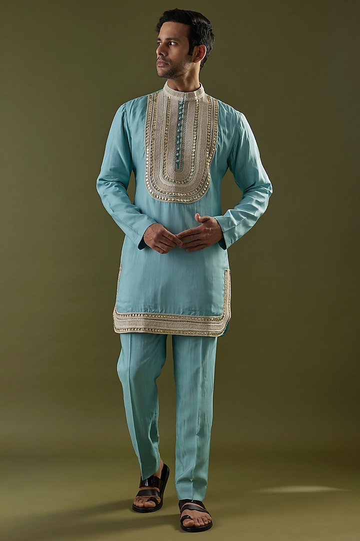 Teal Blue Habutai Silk Embroidered Kurta Set by SVA BY SONAM & PARAS MODI Men at Pernia's Pop Up Shop