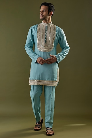 Teal Blue Habutai Silk Embroidered Kurta Set by SVA BY SONAM & PARAS MODI Men