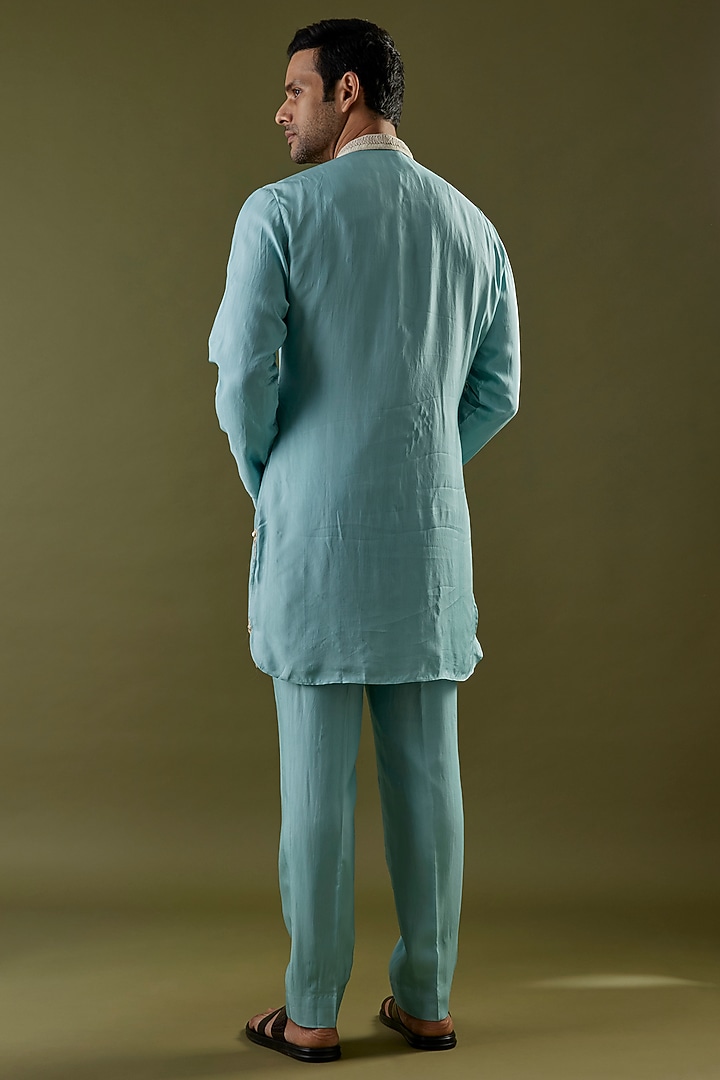 Teal Blue Habutai Silk Embroidered Kurta Set by SVA BY SONAM & PARAS MODI Men at Pernia's Pop Up Shop