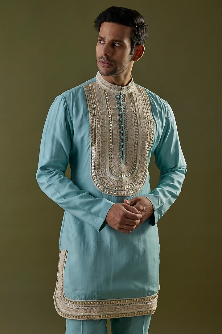 Teal Blue Habutai Silk Embroidered Kurta Set by SVA BY SONAM & PARAS MODI Men at Pernia's Pop Up Shop
