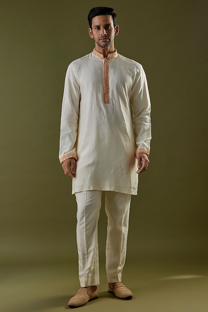 Ivory Habutai Silk Embroidered Kurta Set by SVA BY SONAM & PARAS MODI Men