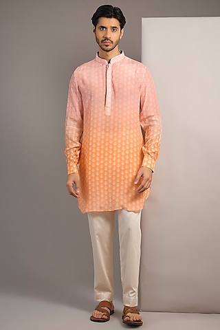 Pink & Orange Crepe Printed Ombre Kurta by SVA BY SONAM & PARAS MODI Men
