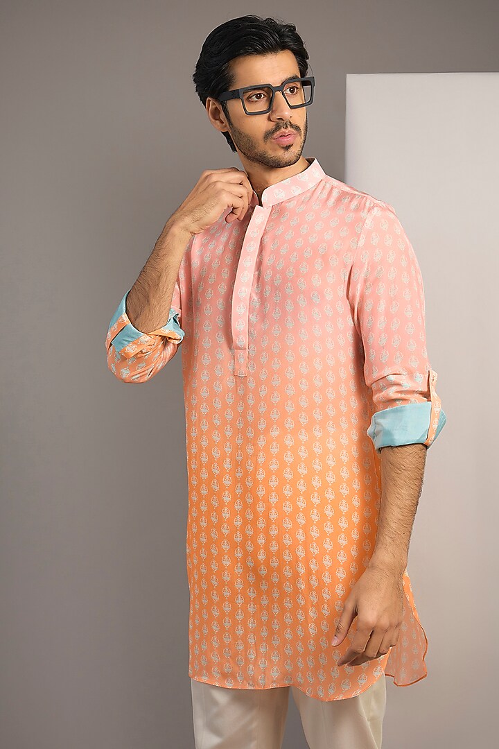 Pink & Orange Crepe Printed Ombre Kurta by SVA BY SONAM & PARAS MODI Men at Pernia's Pop Up Shop