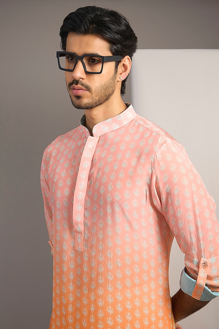 Pink & Orange Crepe Printed Ombre Kurta by SVA BY SONAM & PARAS MODI Men at Pernia's Pop Up Shop