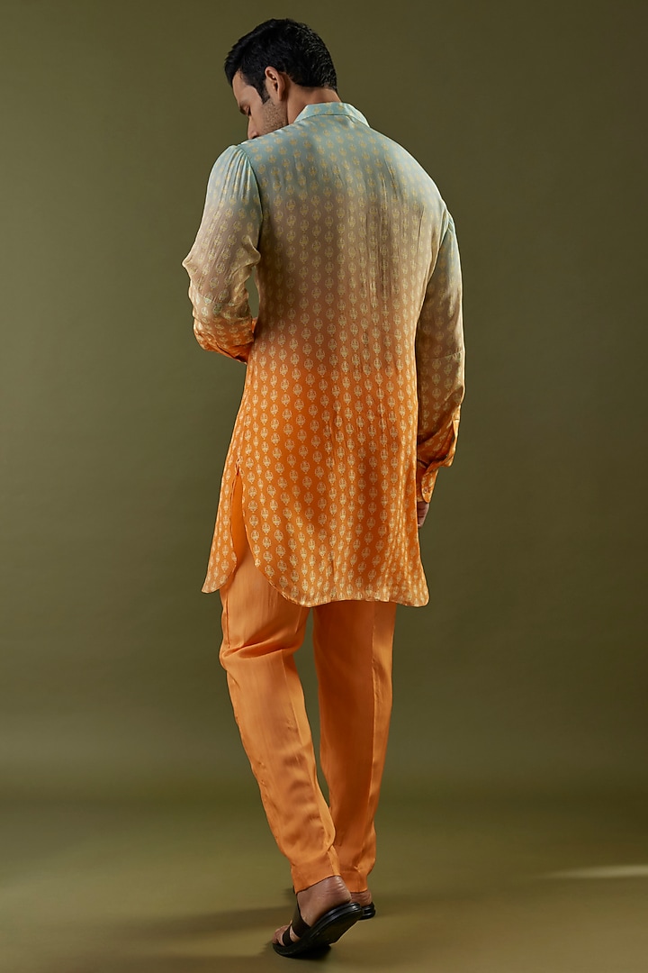 Blue & Orange Crepe Butti Work Ombre Kurta by SVA BY SONAM & PARAS MODI Men at Pernia's Pop Up Shop