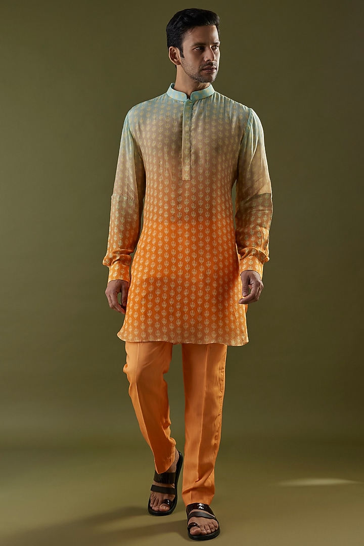 Blue & Orange Crepe Butti Work Ombre Kurta by SVA BY SONAM & PARAS MODI Men at Pernia's Pop Up Shop