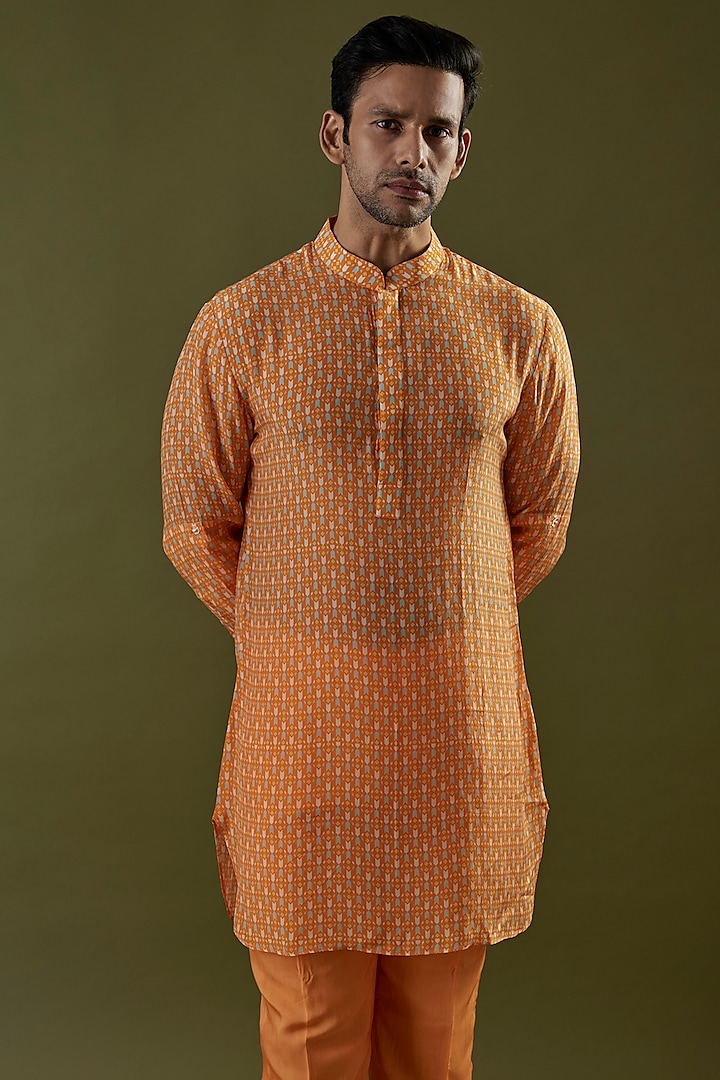 Orange Crepe Geometric Printed Kurta by SVA BY SONAM & PARAS MODI Men