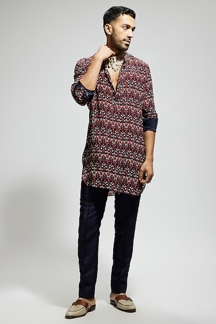 Blue Crepe Printed Kurta by Sva By Sonam & Paras Modi Men