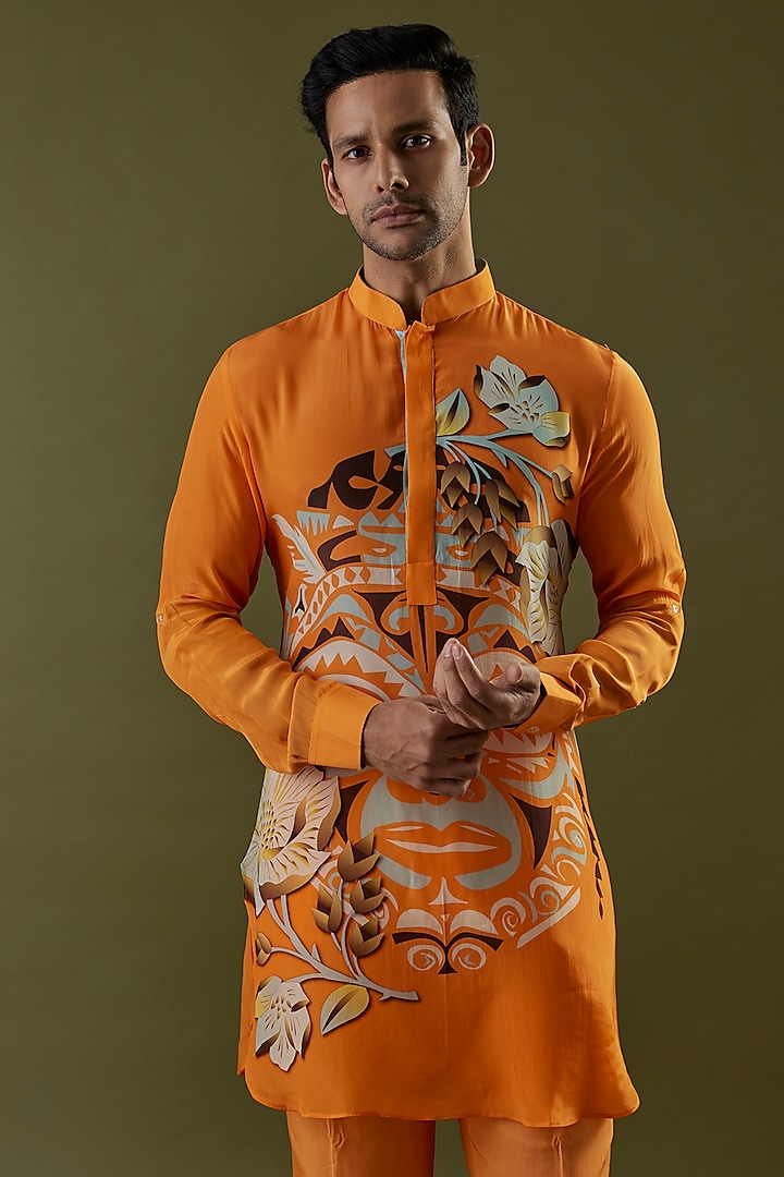 Orange Crepe Geometric Printed Kurta by SVA BY SONAM & PARAS MODI Men