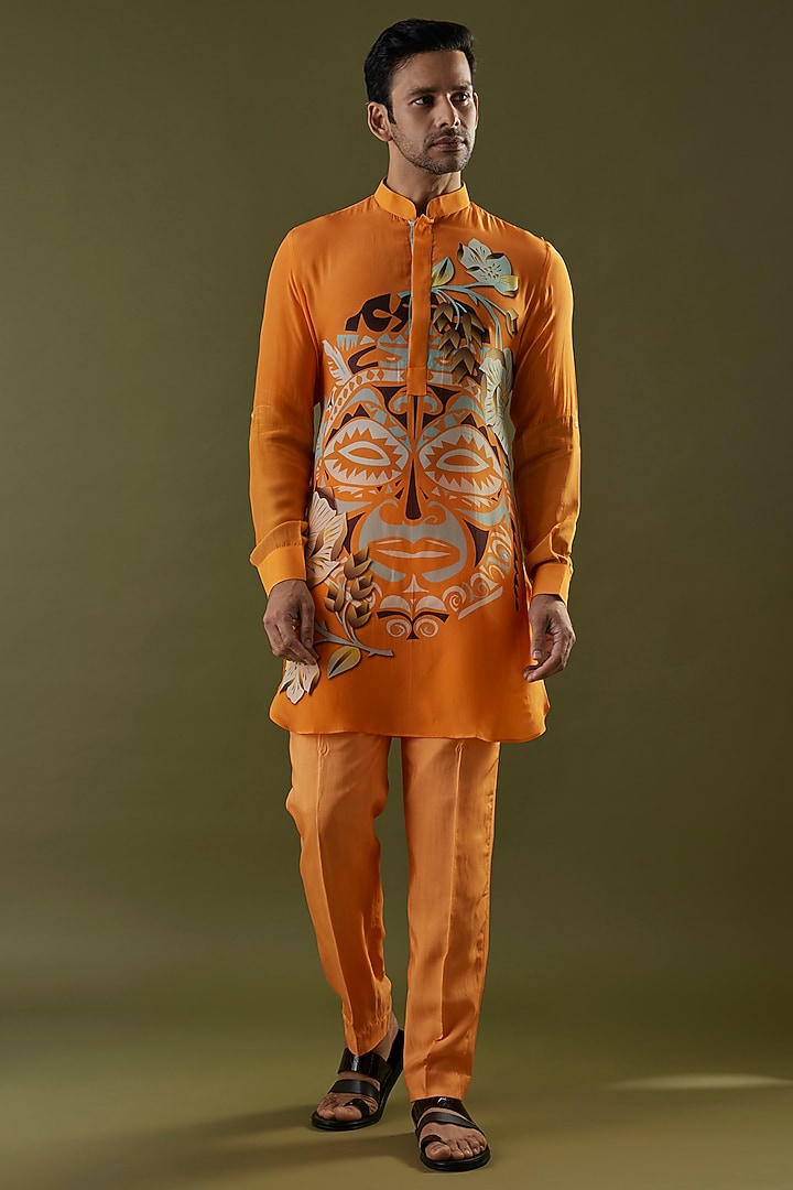 Orange Crepe Geometric Printed Kurta by SVA BY SONAM & PARAS MODI Men at Pernia's Pop Up Shop