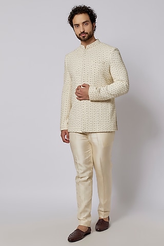 Ivory Silk Metal Embellished Bandhgala Set by SVA BY SONAM & PARAS MODI Men