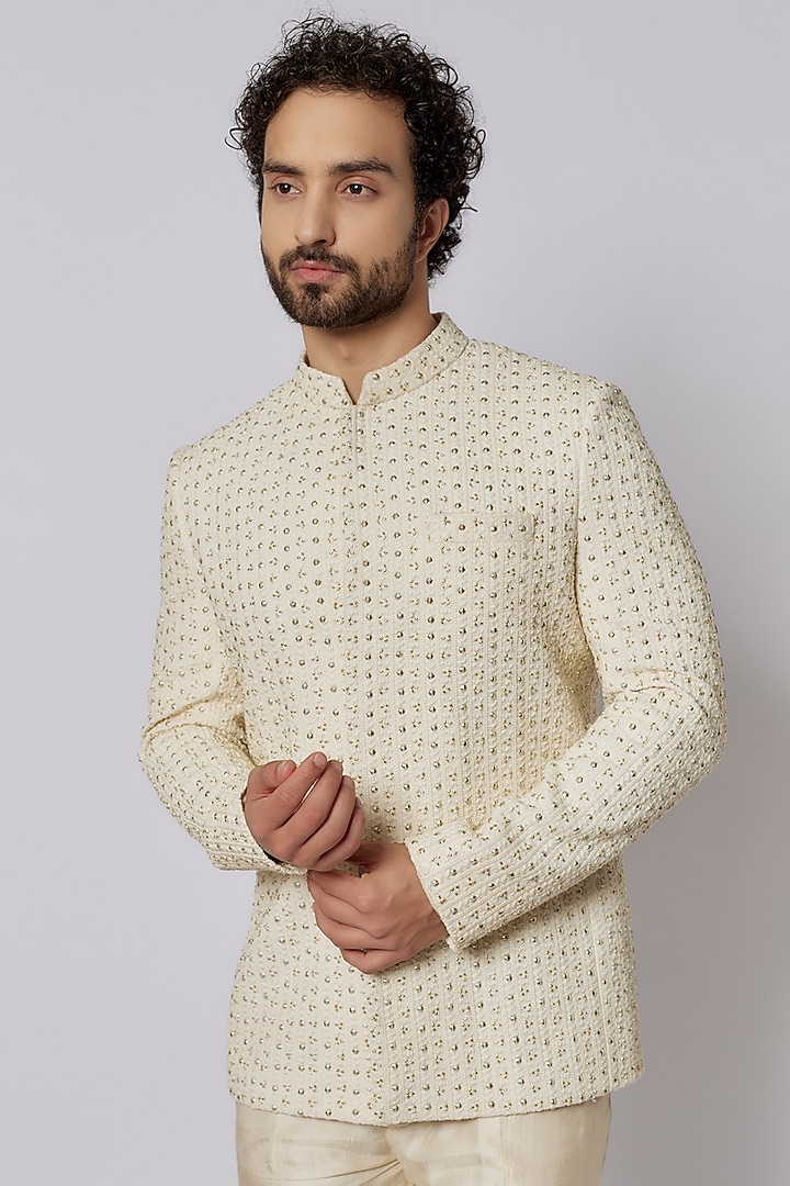 Ivory Silk Metal Embellished Wedding Bandhgala Set by SVA BY SONAM & PARAS MODI Men at Pernia's Pop Up Shop