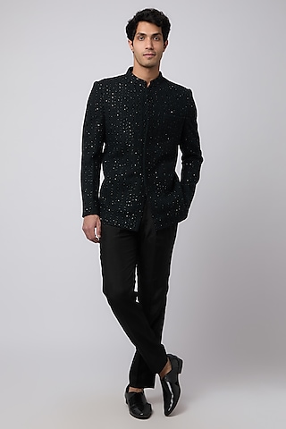Black Silk Metal Embellished Bandhgala Set by Sva By Sonam & Paras Modi Men