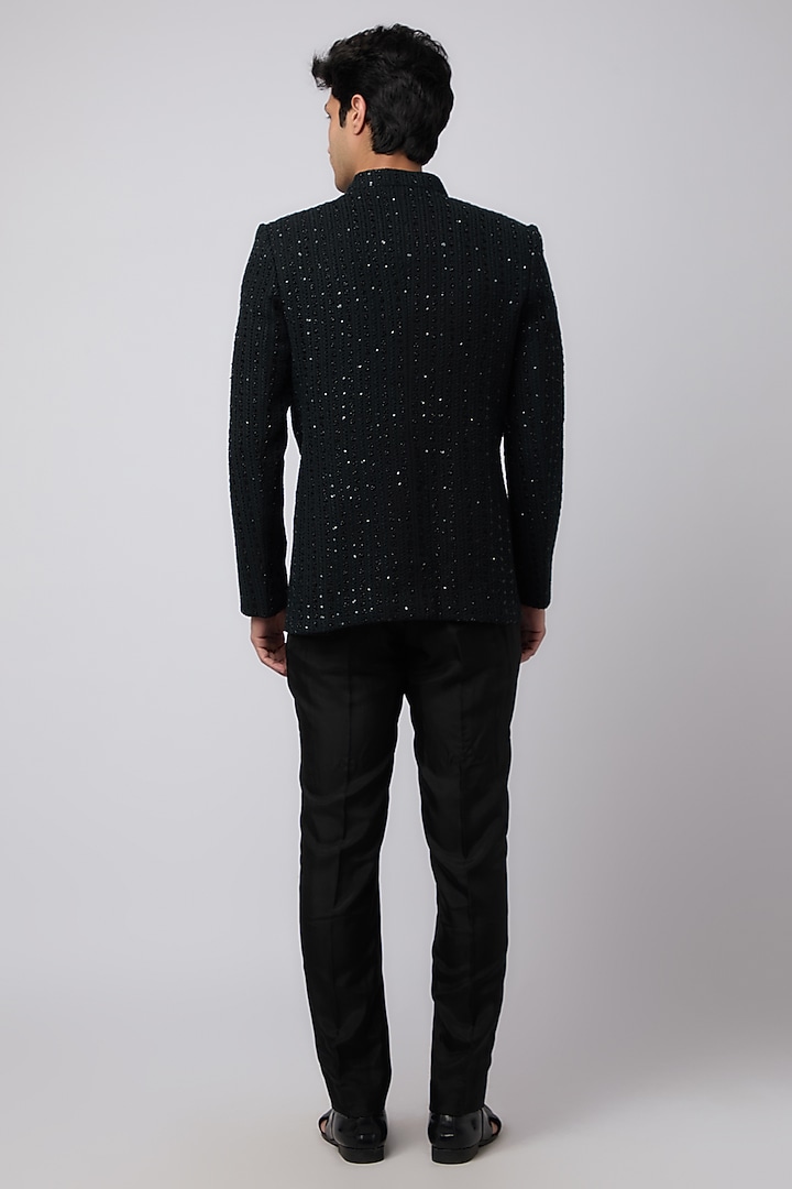 Black Silk Metal Embellished Wedding Bandhgala Set by Sva By Sonam & Paras Modi Men at Pernia's Pop Up Shop