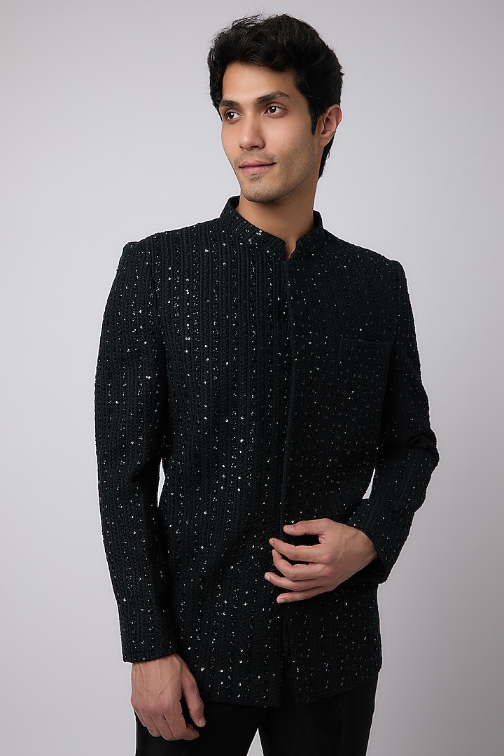 Black Silk Metal Embellished Wedding Bandhgala Set by Sva By Sonam & Paras Modi Men at Pernia's Pop Up Shop