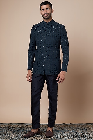 Blue Silk Embellished Bandhgala Jacket Set by SVA BY SONAM & PARAS MODI Men