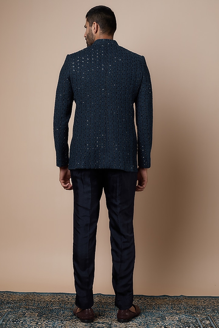 Blue Silk Embellished Bandhgala Jacket Set by SVA BY SONAM & PARAS MODI Men at Pernia's Pop Up Shop