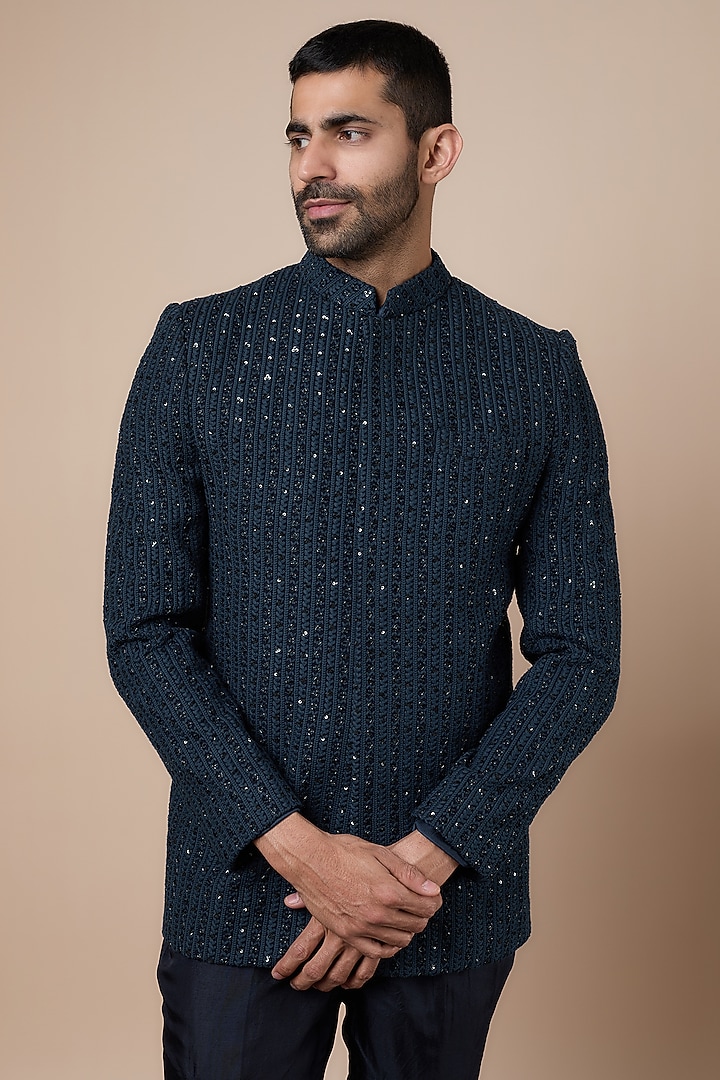 Blue Silk Embellished Bandhgala Jacket Set by SVA BY SONAM & PARAS MODI Men at Pernia's Pop Up Shop