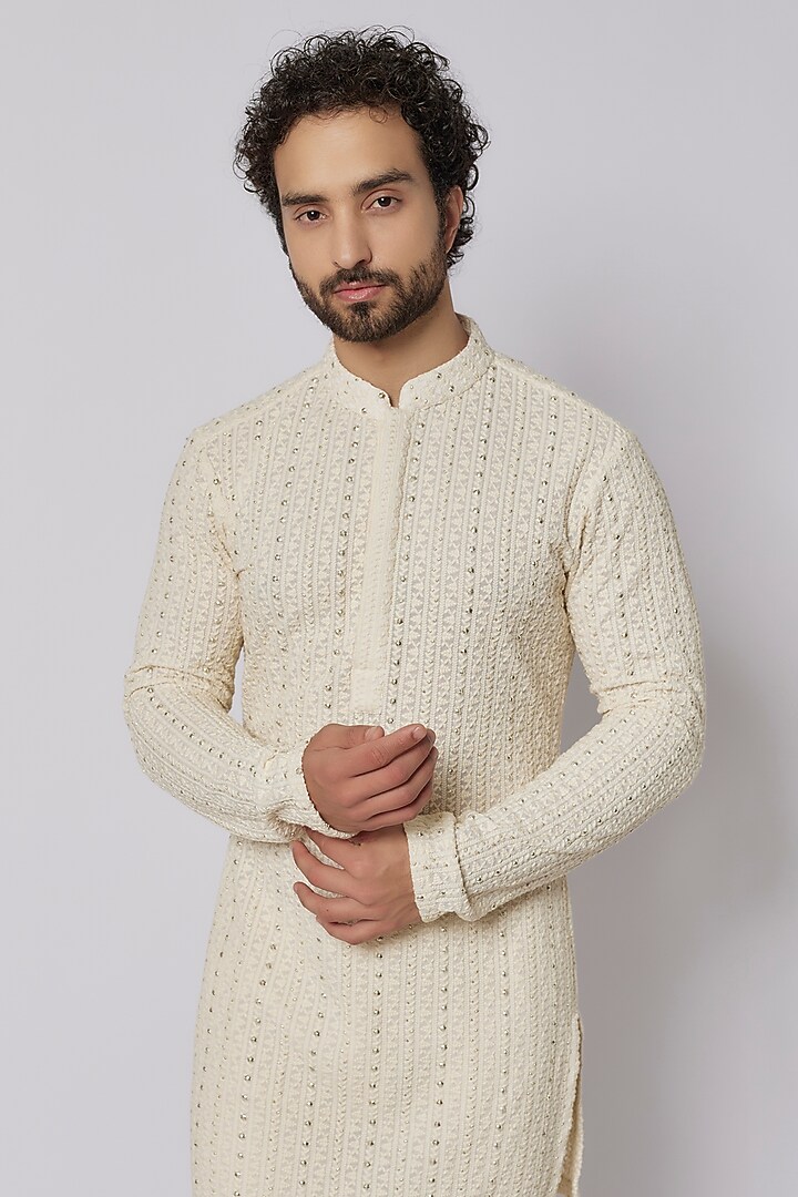 Ivory Silk Metal Embellished Kurta Set by SVA BY SONAM & PARAS MODI Men at Pernia's Pop Up Shop