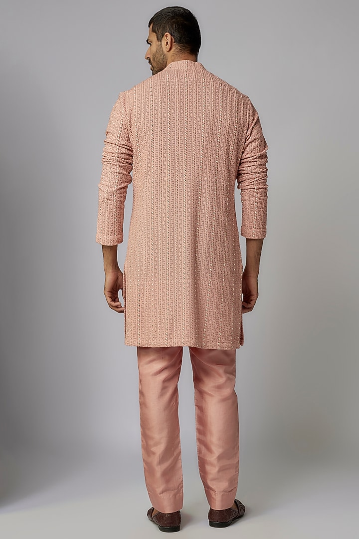 Peach Silk Metal Embellished Kurta Set by Sva By Sonam & Paras Modi Men at Pernia's Pop Up Shop
