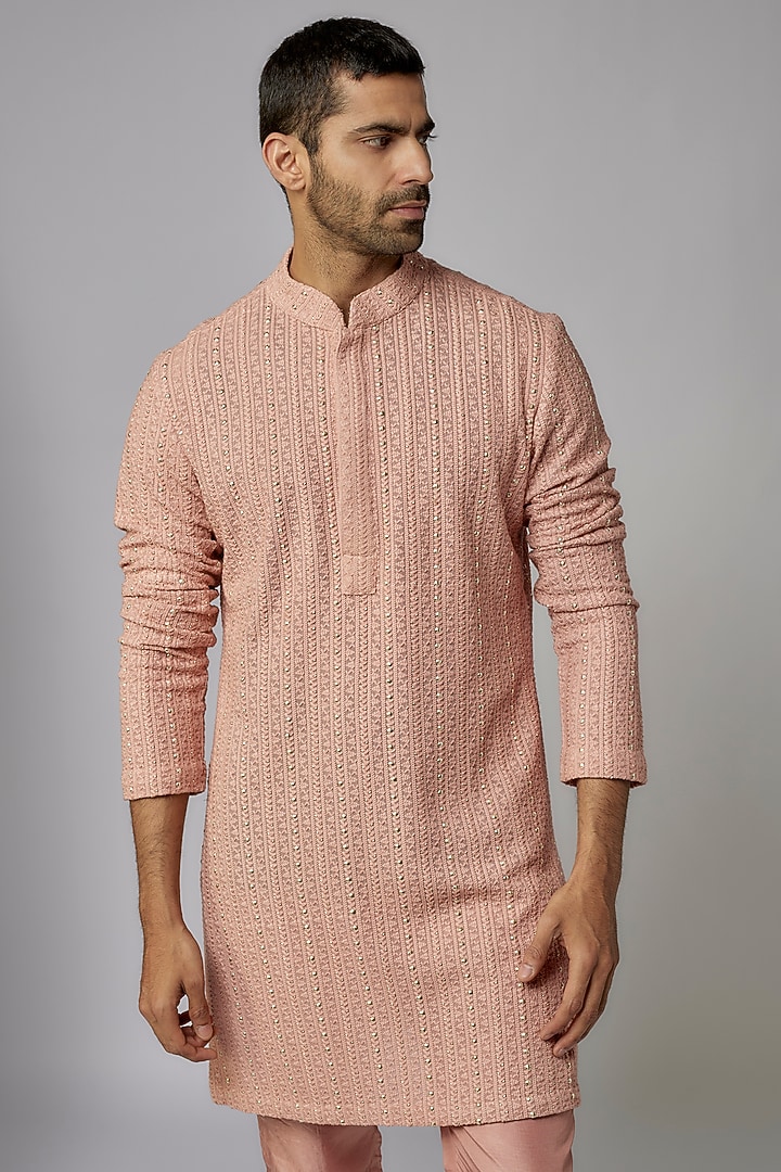 Peach Silk Metal Embellished Kurta Set by Sva By Sonam & Paras Modi Men at Pernia's Pop Up Shop