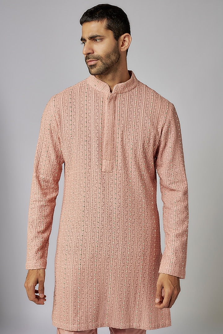Peach Silk Metal Embellished Kurta Set by Sva By Sonam & Paras Modi Men at Pernia's Pop Up Shop