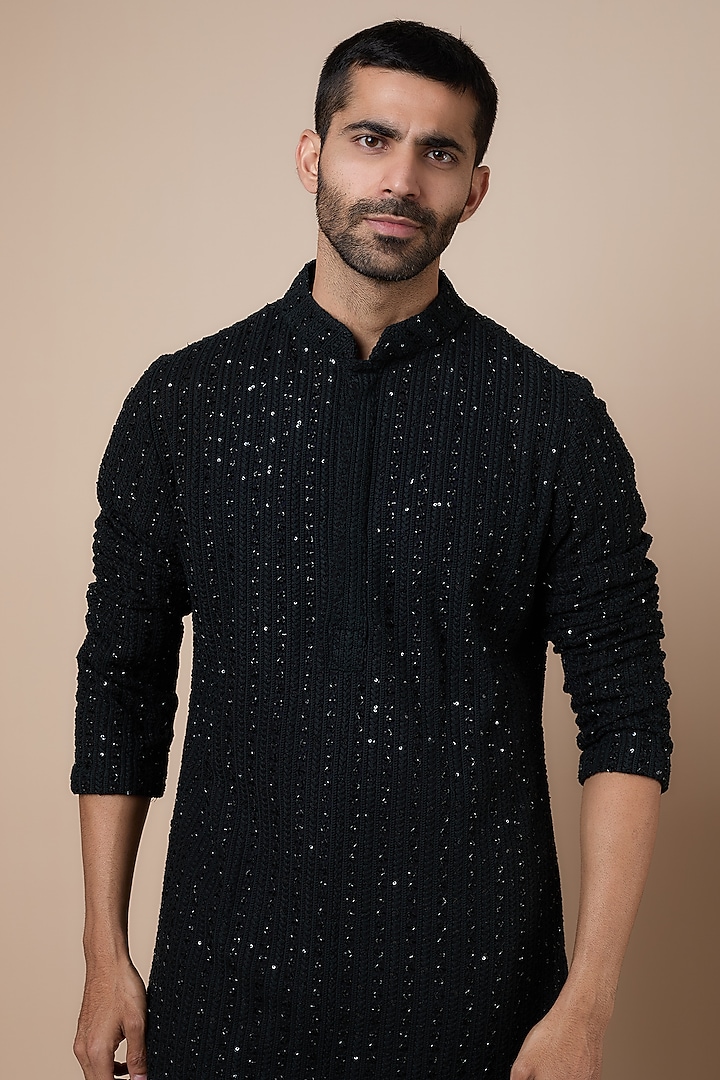 Black Silk Embellished Kurta Set by SVA BY SONAM & PARAS MODI Men at Pernia's Pop Up Shop