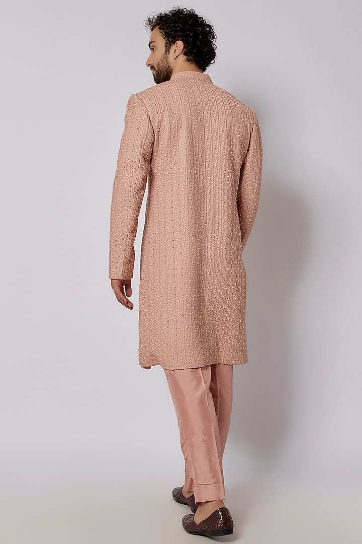 Rose Gold Silk Metal Embellished Groom Sherwani Set by SVA BY SONAM & PARAS MODI Men at Pernia's Pop Up Shop