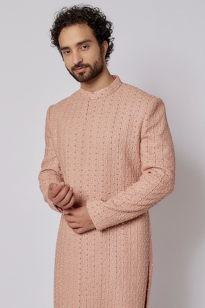 Rose Gold Silk Metal Embellished Groom Sherwani Set by SVA BY SONAM & PARAS MODI Men at Pernia's Pop Up Shop