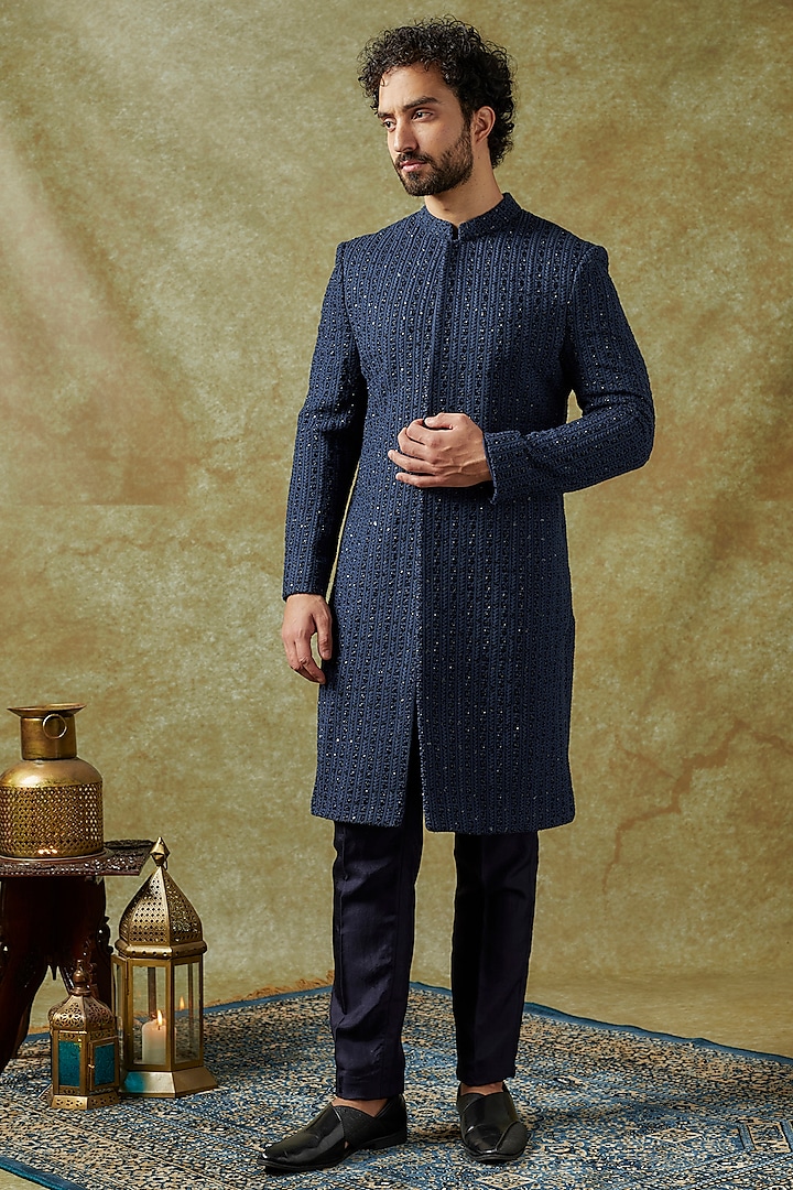 Navy Blue Silk Lucknowi Metal Embellished Sherwani Set by SVA BY SONAM & PARAS MODI Men