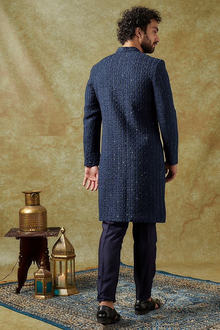 Navy Blue Silk Lucknowi Metal Embellished Groom Sherwani Set by SVA BY SONAM & PARAS MODI Men at Pernia's Pop Up Shop