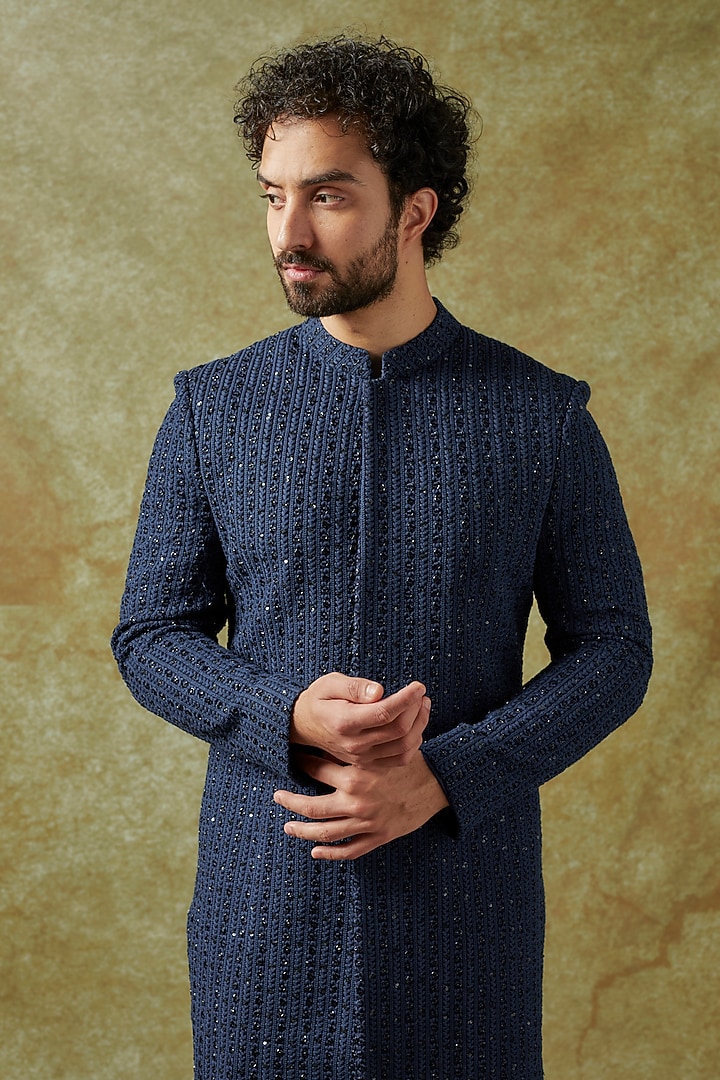 Navy Blue Silk Lucknowi Metal Embellished Groom Sherwani Set by SVA BY SONAM & PARAS MODI Men at Pernia's Pop Up Shop