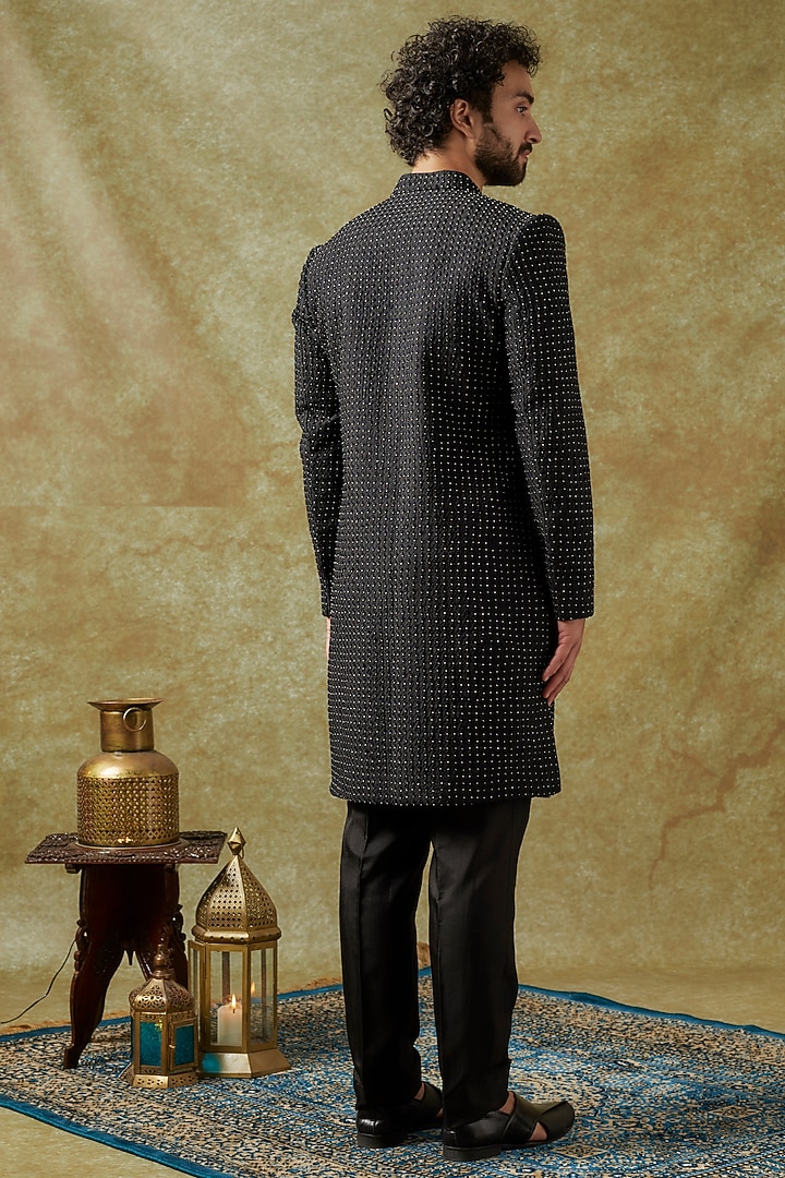 Black Silk Metal Embellished Groom Sherwani Set by SVA BY SONAM & PARAS MODI Men at Pernia's Pop Up Shop