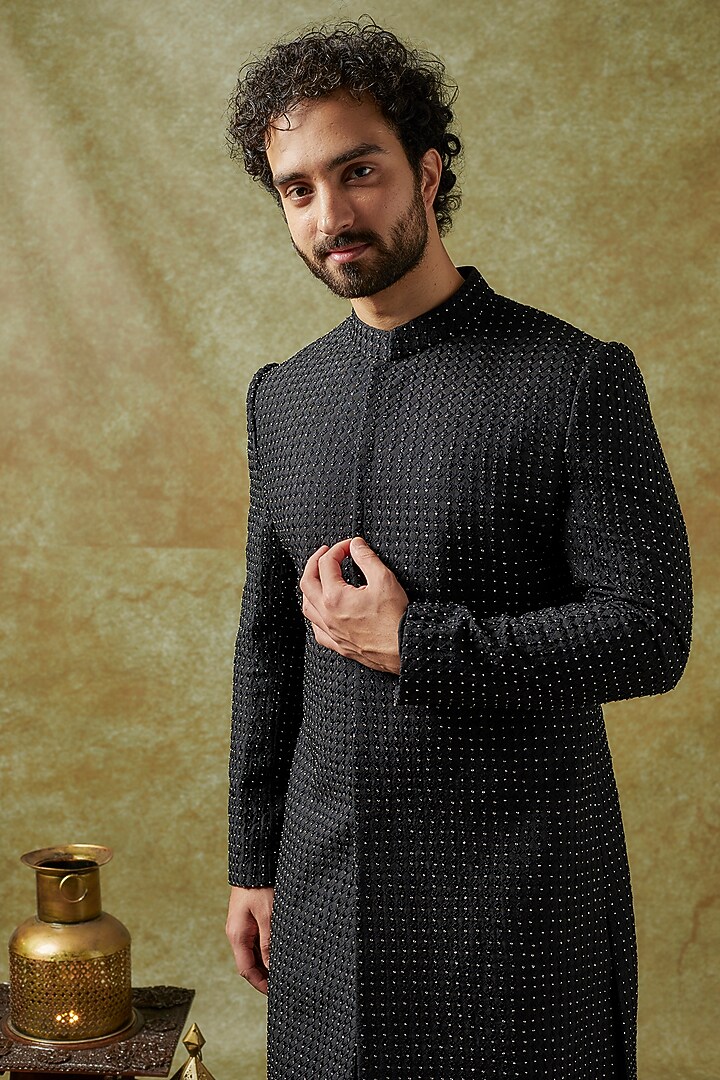 Black Silk Metal Embellished Groom Sherwani Set by SVA BY SONAM & PARAS MODI Men at Pernia's Pop Up Shop
