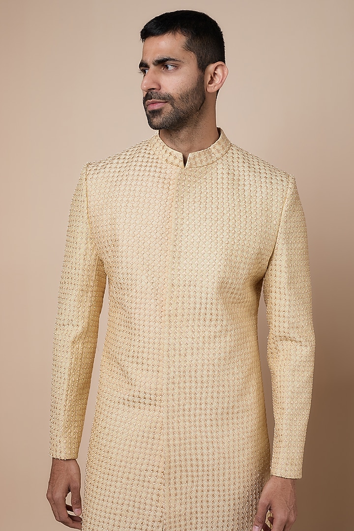 Ivory Silk Embellished Groom Sherwani Set by SVA BY SONAM & PARAS MODI Men at Pernia's Pop Up Shop