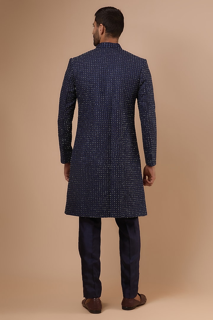 Navy Blue Silk French Knot Embellished Groom Sherwani Set by Sva By Sonam & Paras Modi Men at Pernia's Pop Up Shop