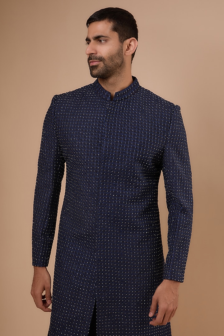 Navy Blue Silk French Knot Embellished Groom Sherwani Set by Sva By Sonam & Paras Modi Men at Pernia's Pop Up Shop