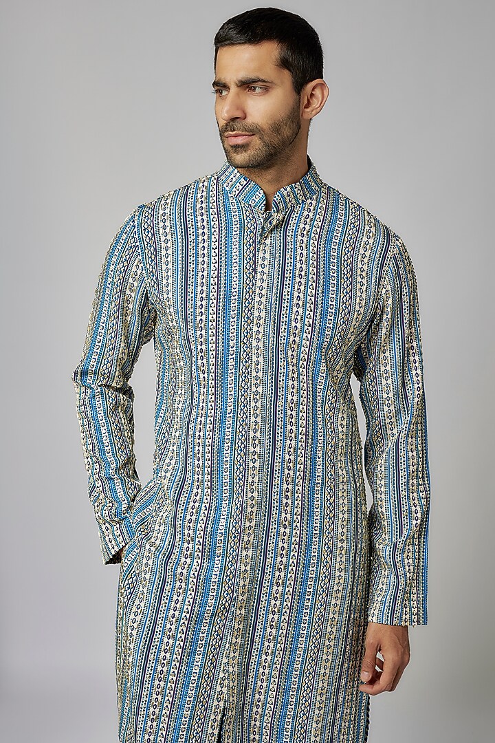 Multi-Colored Crepe Embroidered Kurta Set by Sva By Sonam & Paras Modi Men at Pernia's Pop Up Shop