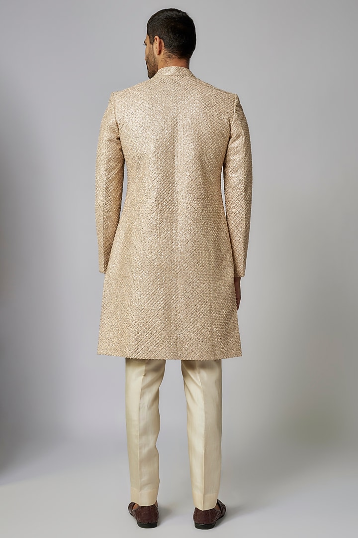 Golden Silk Embellished Groom Sherwani Set by Sva By Sonam & Paras Modi Men at Pernia's Pop Up Shop