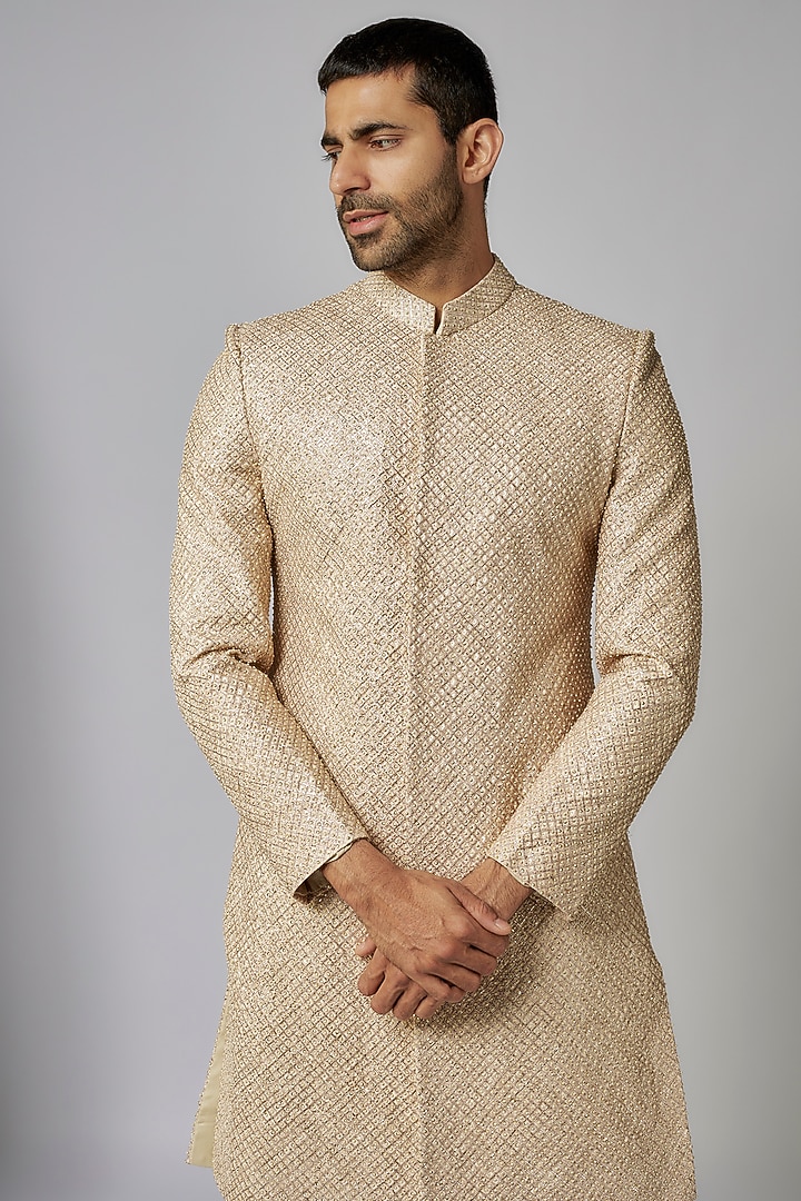 Golden Silk Embellished Groom Sherwani Set by Sva By Sonam & Paras Modi Men at Pernia's Pop Up Shop